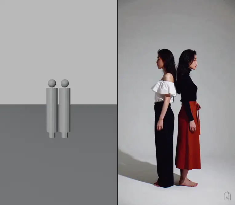 左為 Blender 白模的分開走位，右為成品 00:40，兩邊同步播放（動圖）