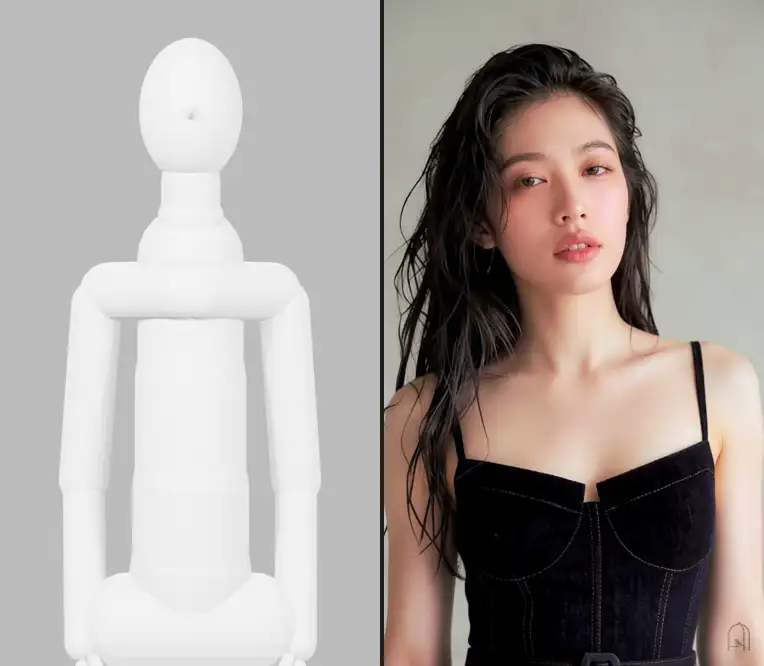 左為 Blender 白模的環繞運鏡，右為成品 00:54，兩邊同步播放（動圖）